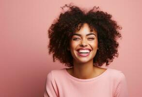 AI generated girl with pink coloured nails standing on a pink background photo