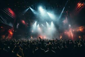 AI generated confetti falls over an audience at a nightclub, photo