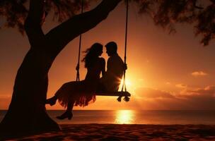 AI generated couple in swing on the beach with the sun behind them, photo