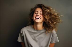 AI generated girl laughing with a grey tshirt girl, photo