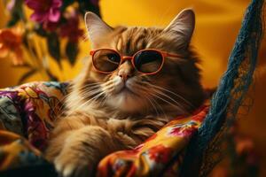 ai generado gato en un hamaca tendido en el amarillo antecedentes con Gafas de sol en, foto