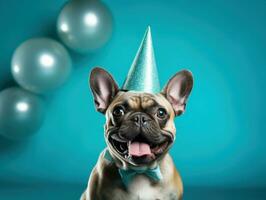 AI generated cute dog wearing party hat, photo