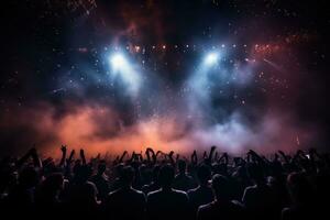 AI generated crowd in club with fireworks, photo