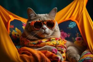 AI generated cat in a hammock laying on the yellow background with sunglasses on, photo