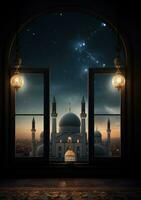 AI generated dreamy night of ramadan with the moon and the mosque through the window photo