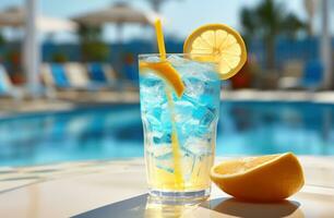 AI generated ice slush lemon drink by pool with water, photo