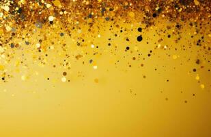 AI generated gold and colourful confetti particles on a yellow background, photo