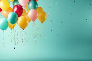 AI generated colorful party balloons, gifts, and confetti set among various colorful decorations, photo