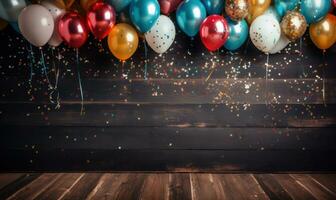 AI generated colorful balloons and confetti flying over wooden background, photo