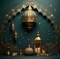 AI generated arabic design background with golden lantern and moon photo