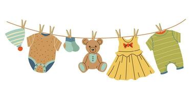 Kids clothes and toy dry on a rope. Hat, teddy bear, sliders, bodysuit, dress and other. Vector cartoon.