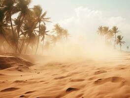 AI generated sand on a beach with palm trees as background background, photo