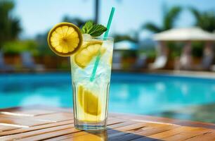 AI generated ice slush lemon drink by pool with water, photo