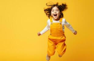 AI generated happy little girl in a pair of overalls jumping, i photo