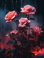 AI generated some pink roses are growing in a dark scene, photo