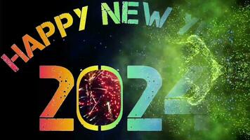 Explosion of smoke and sparkling particles of rainbow colors, generate text Happy New Year 2024, zoom in fireworks video at the night sky