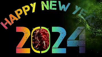 Explosion of smoke and sparkling particles of rainbow colors, generate text Happy New Year 2024, zoom in fireworks video at the night sky