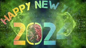 Explosion of smoke and sparkling particles of rainbow colors, generate text Happy New Year 2024, zoom in fireworks video at the night sky