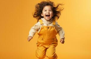 AI generated happy little girl in a pair of overalls jumping, i photo