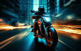 AI generated motion blur background of the motorcycle driving through an empty city, photo