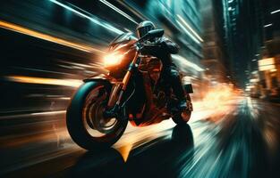 AI generated motion blur background of the motorcycle driving through an empty city, photo