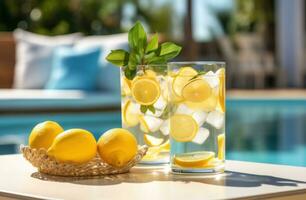 ai generado cócteles por piscina con limón pelar foto