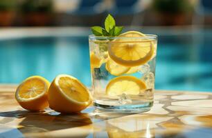 AI generated cocktails by pool with lemon peel photo