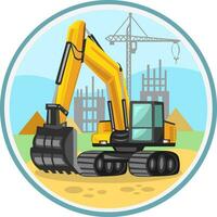 Yellow building excavator vector image in circle with construction area background during excavating, digging works. Construction trucks collection