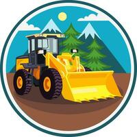 Yellow wheeled building bulldozer vector image in circle with mountain landscape on background during land works. Construction trucks collection