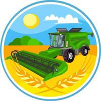 Green agricultural combine vector image in circle with wheat field during harvesting works