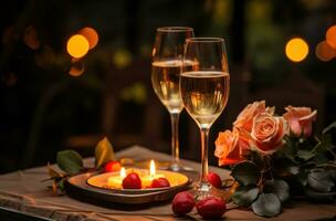 ai generado dos lentes de champán a un romántico mesa con velas y rojo rosa, foto