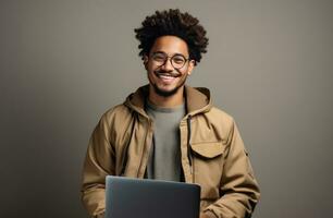 AI generated young man holding a laptop and smiling, photo