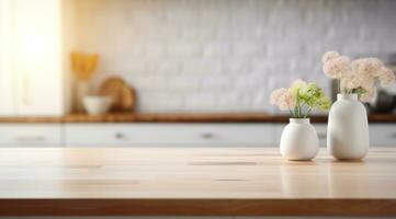 AI generated isolated wooden kitchen table in abstract white interior with clear glass, photo