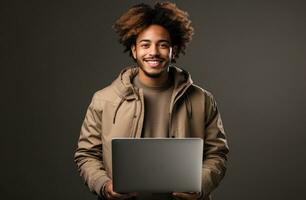 AI generated young man holding a laptop and smiling, photo