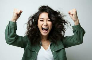 AI generated young woman cheering and smiling on a white background, photo