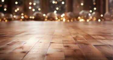 AI generated wood floor background with christmas decorations and lights, photo