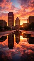 ai generado un asombroso foto de un ciudad horizonte a atardecer, con calentar primavera colores pintura el cielo