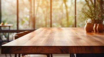 AI generated wooden table in kitchen with blurred view of kitchen and window, photo