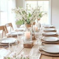 AI generated A cozy indoor spring party featuring a rustic table setting with fresh flowers photo