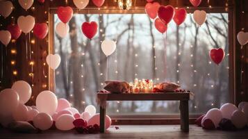 AI generated A backyard decorated with heart-shaped lights, balloons, and a love-themed banner photo