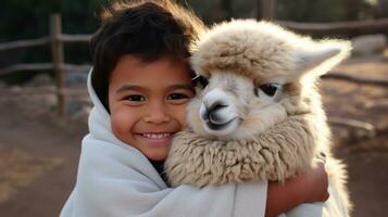 ai generado un radiante niñito cunas un mullido y contento bebé alpaca, foto