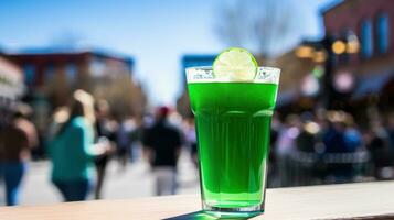 AI generated pint of green beer with a blurred St. Patrick's Day parade in the background. photo