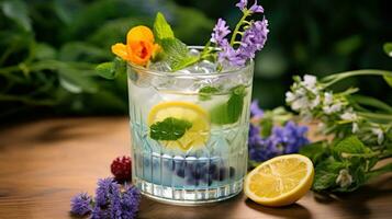 AI generated delicious spring-inspired cocktail garnished with fresh fruit and herbs photo