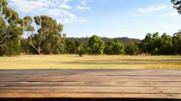 AI generated wood wooden table and grass background, nature, photo