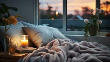 AI generated A bedroom with plush bedding and soft lighting, photo