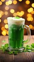 AI generated A festive St. Patrick's Day image with a green beer mug and a shamrock on a wooden table photo