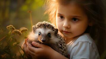 AI generated A curious little girl peers in wonder at a tiny and fuzzy baby hedgehog resting in her hands. photo