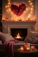 AI generated A cozy living room with a fireplace, decorated with heart-shaped garlands and candles, photo