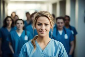 AI generated a female nurse is standing in front of a group of people, i photo