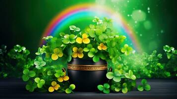 AI generated A vibrant green St. Patrick's Day background featuring a four-leaf clover photo